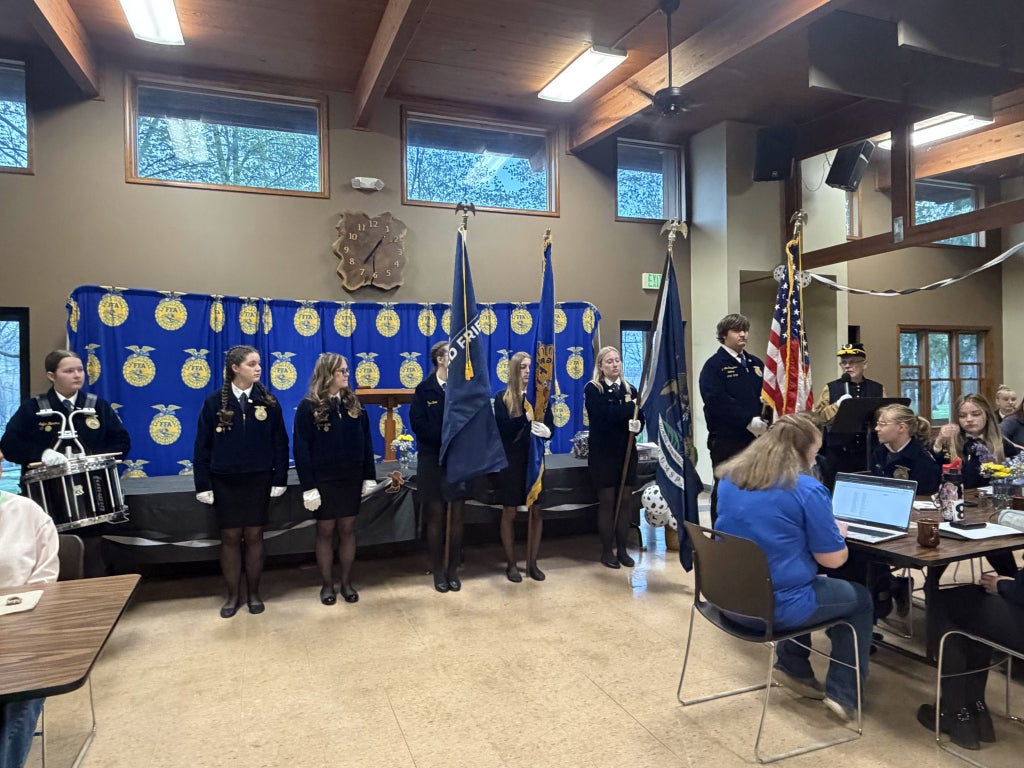 Michigan FFA Region One Officer Training Camp Honor Guard. Left to right: Sofia Berens, Addy Laarman, Ellise Wedge, Hope Reed, Madi Veldheer, Leah Jablonski, Carlton Petroshus, and Comer Skinner.